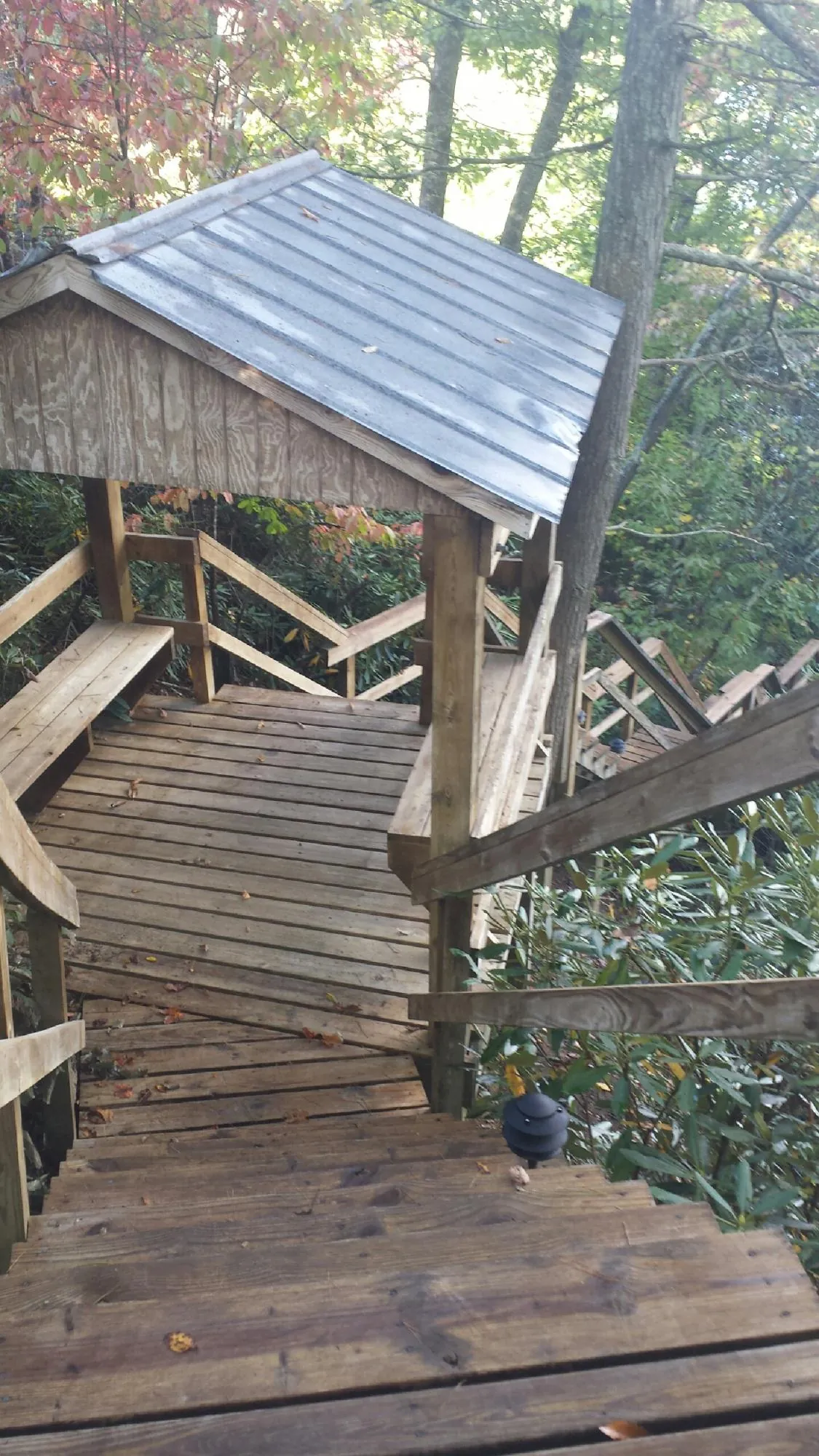 Metal roofed shelter over wooden steps on a wooded walkway — Skylight Repair & Installation work by our crew in Rosedale